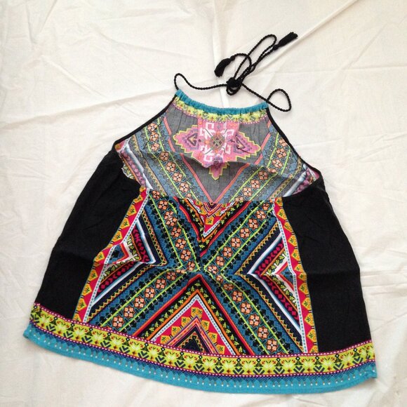 Very Colorful/Multicolored Fringe Tie Back Halter Top, Stretchy Garter Back, Med - Picture 4 of 9